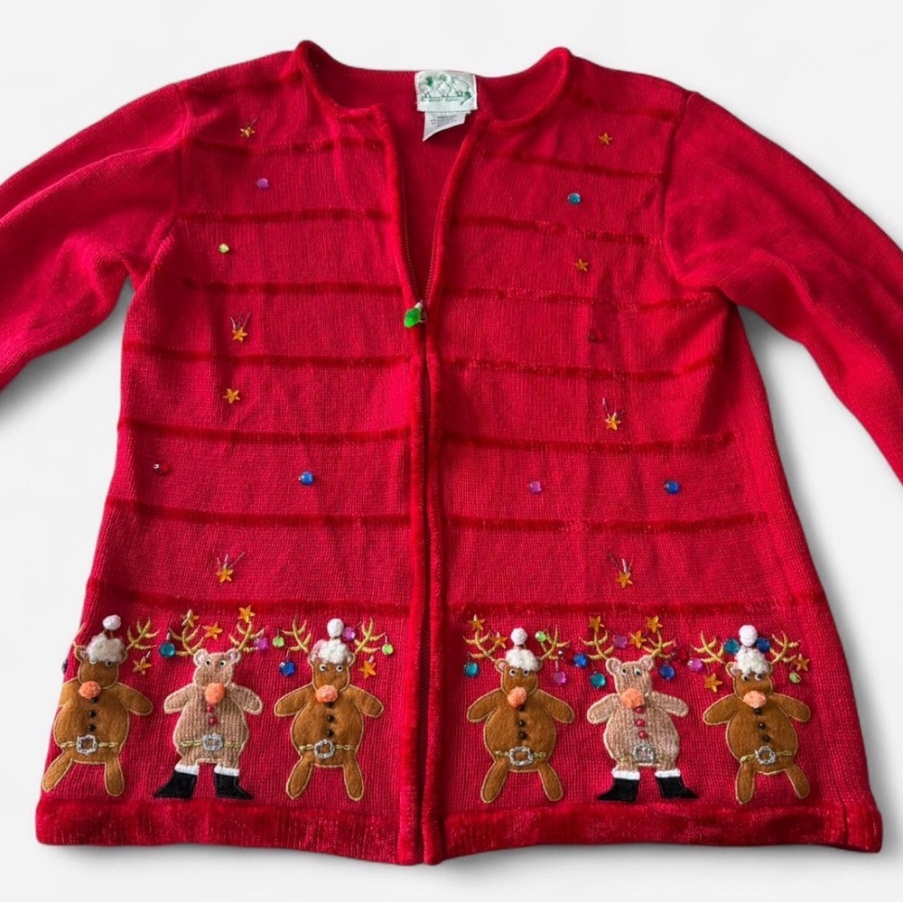 Vintage Quacker Factory Reindeer Christmas Zip-Up Cardigan (Medium)